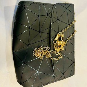 Vintage Handmade Leather Geometric Clutch – Black, Gold Chain, Excellent